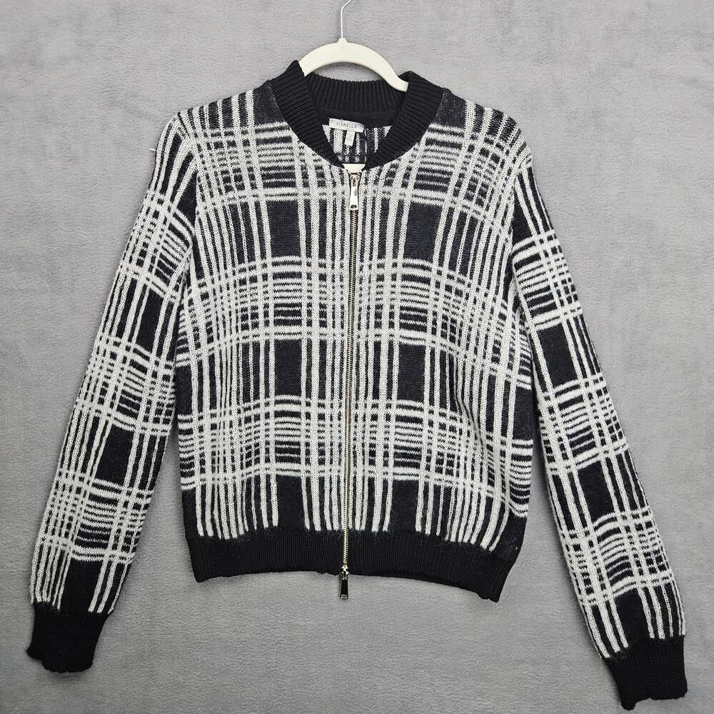 Marella Plaid Knited Zip Cardigan Sweater Black White Wool Blend Sz L NWT Luxury